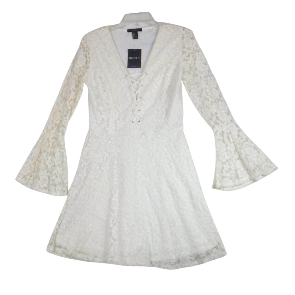Forever 21 Lace Fit and Flare Mini Dress Women's L Ivory Skater Corset Style NWT